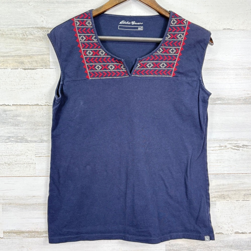 Eddie Bauer Womens Sleeveless Tank Top Blue Red‎ Embroidered V Neck Size M